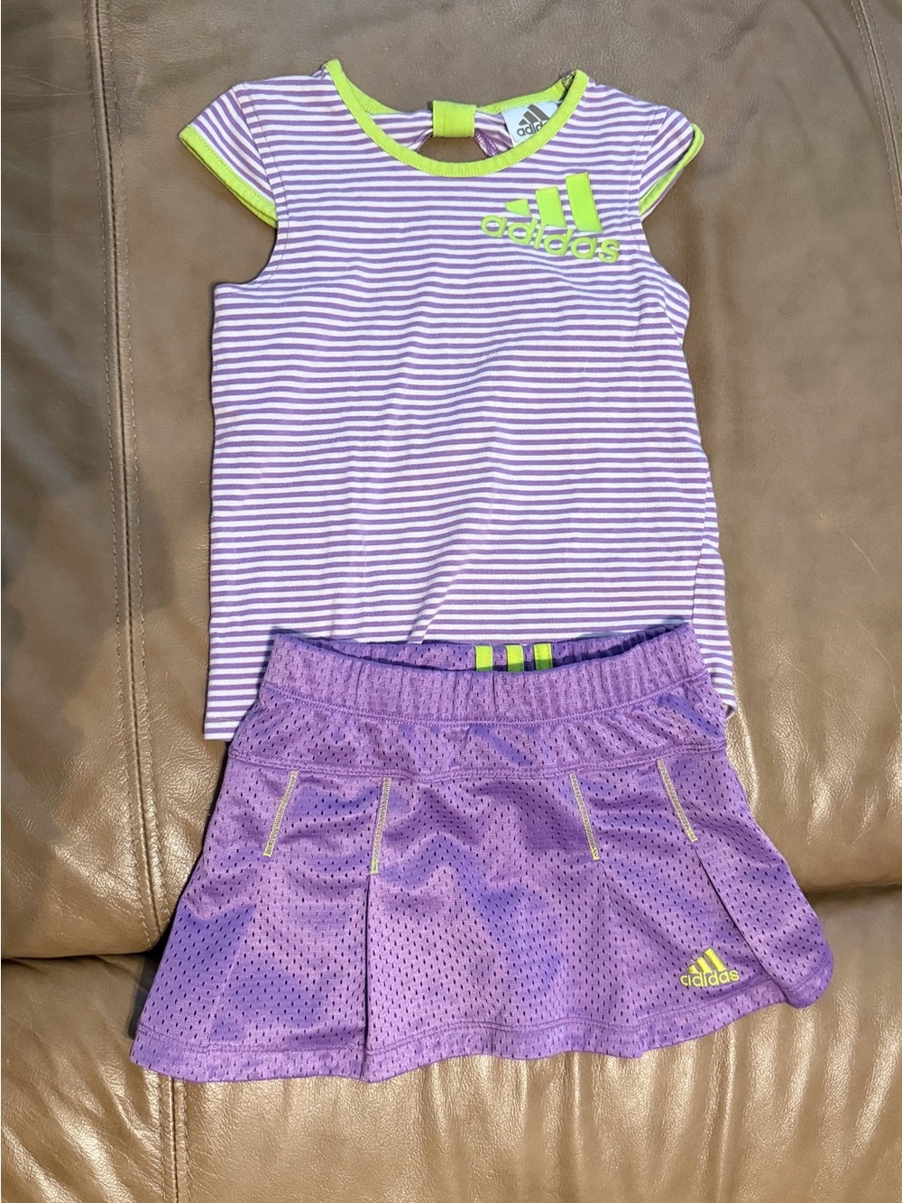 adidas Purple Stripe Tee and Mesh Skort Set with Neon Green Accents
